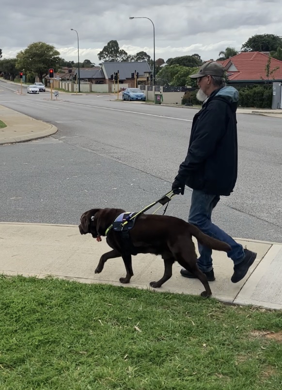 "Des and Champ walking in their local town"