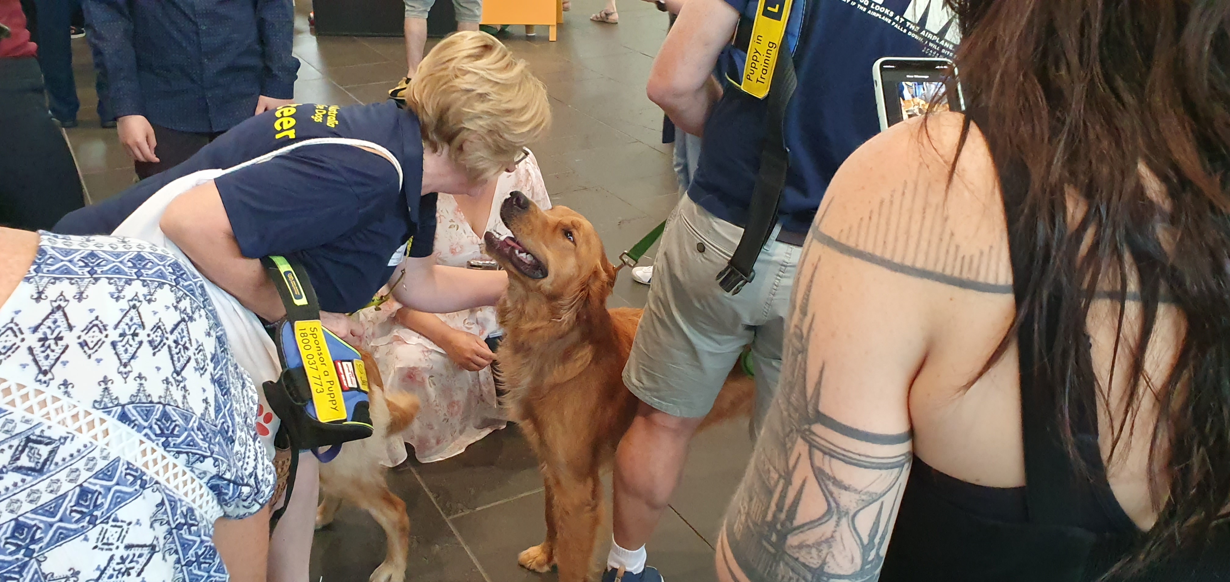 SED Volunteer Kathryn looks into the eyes of her SED Breeder Dog, the dog has a wide smile